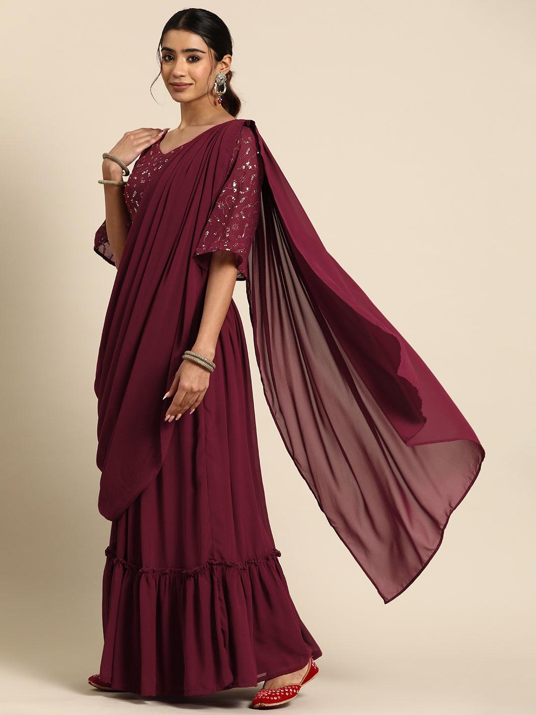 Maroon Embroidered Georgette Saree - Libas 