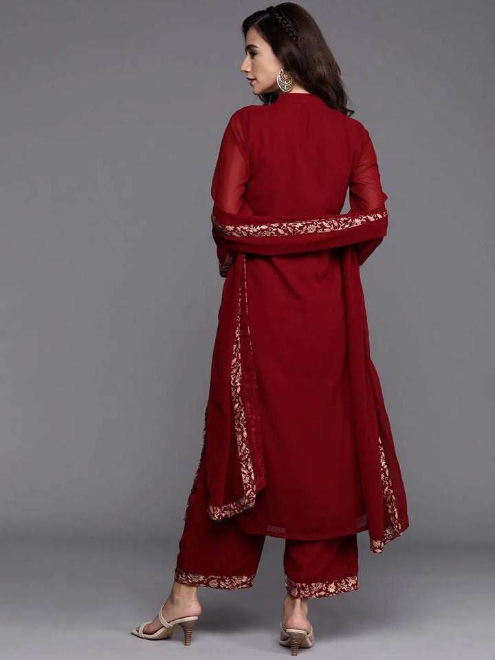 Maroon Embroidered Georgette Suit Set - Libas