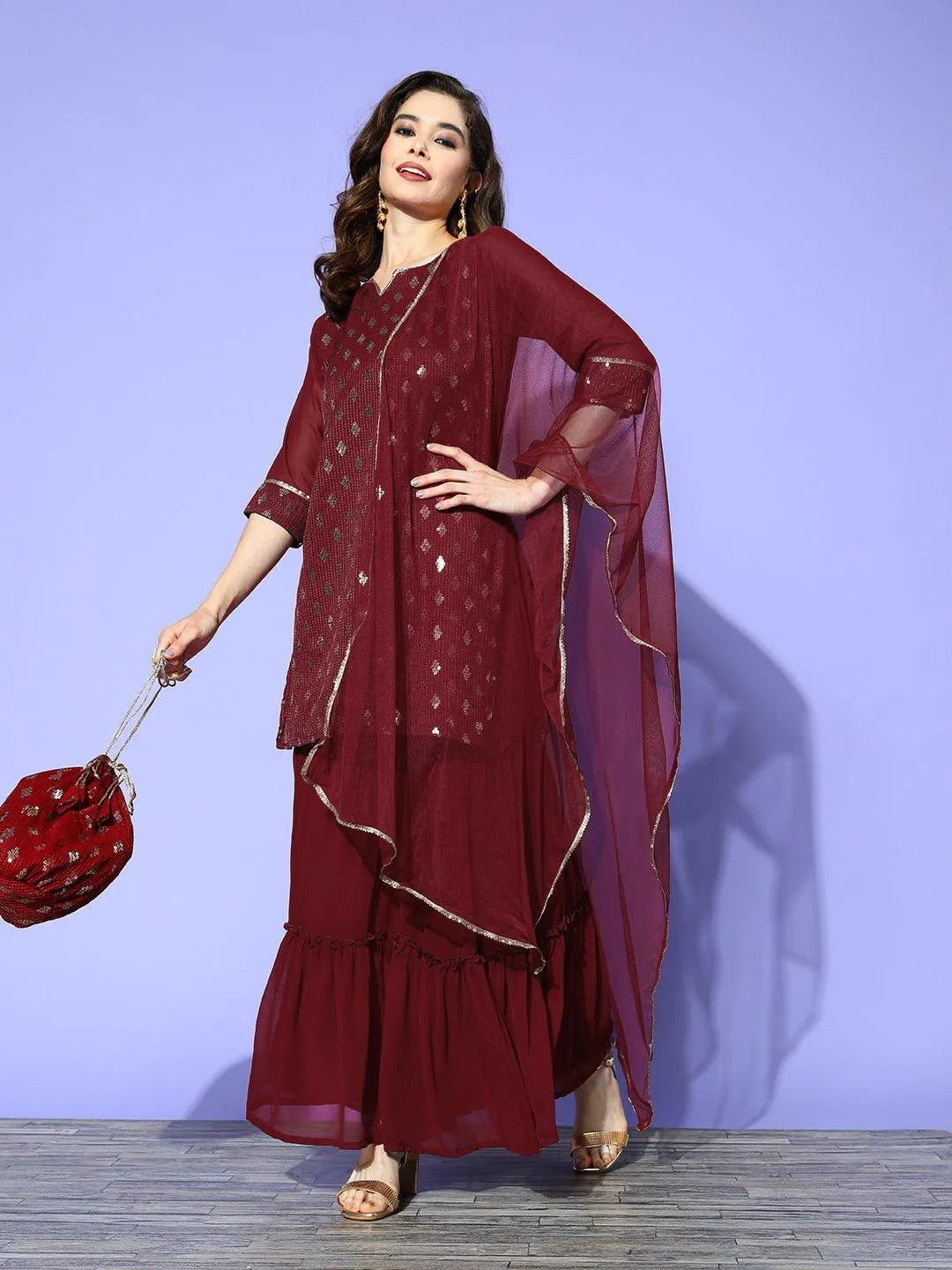 Maroon Embroidered Georgette Straight Sharara Suit Set With Potli - Libas 