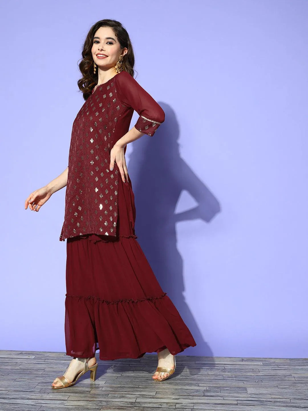 Maroon Embroidered Georgette Straight Sharara Suit Set With Potli - Libas