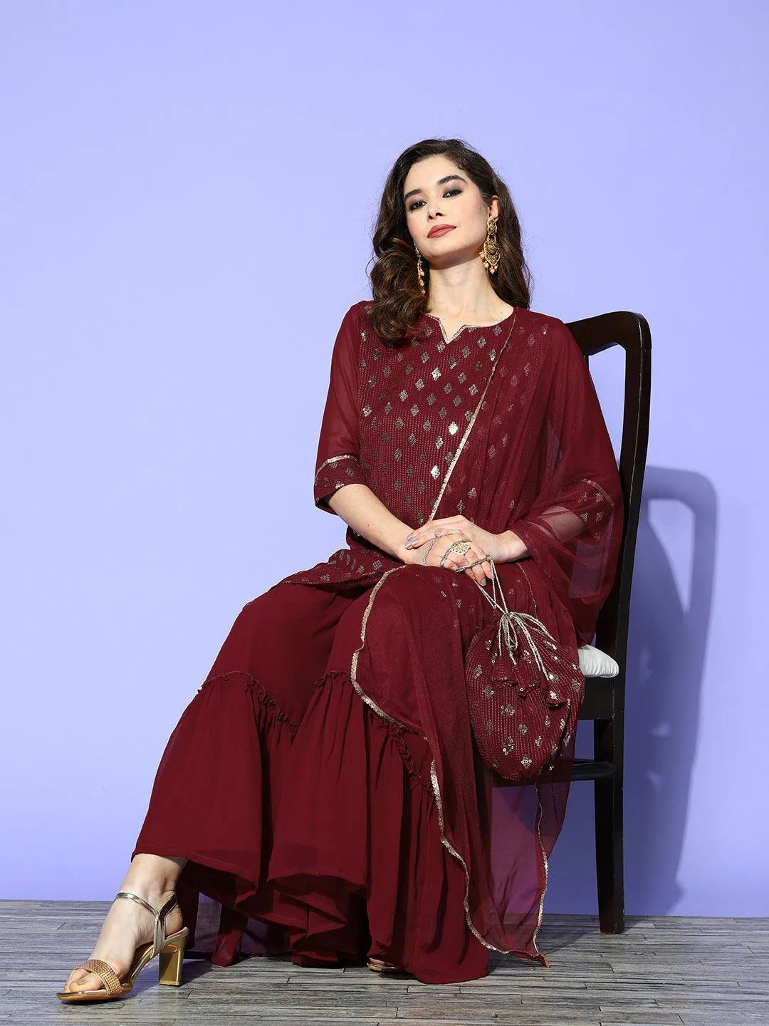 Maroon Embroidered Georgette Straight Sharara Suit Set With Potli - Libas 