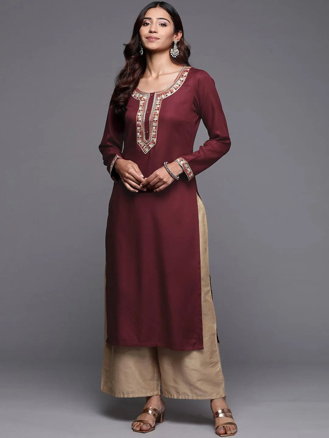 Maroon Embroidered Pashmina Wool Straight Kurta - Libas