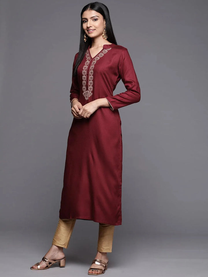 Maroon Embroidered Pashmina Wool Straight Kurta - Libas