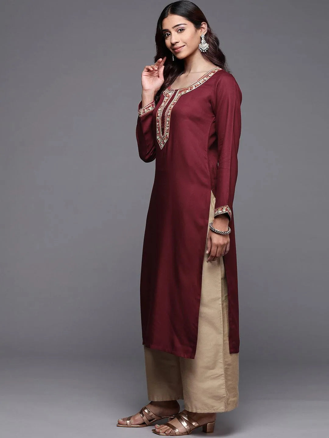 Maroon Embroidered Pashmina Wool Straight Kurta - Libas