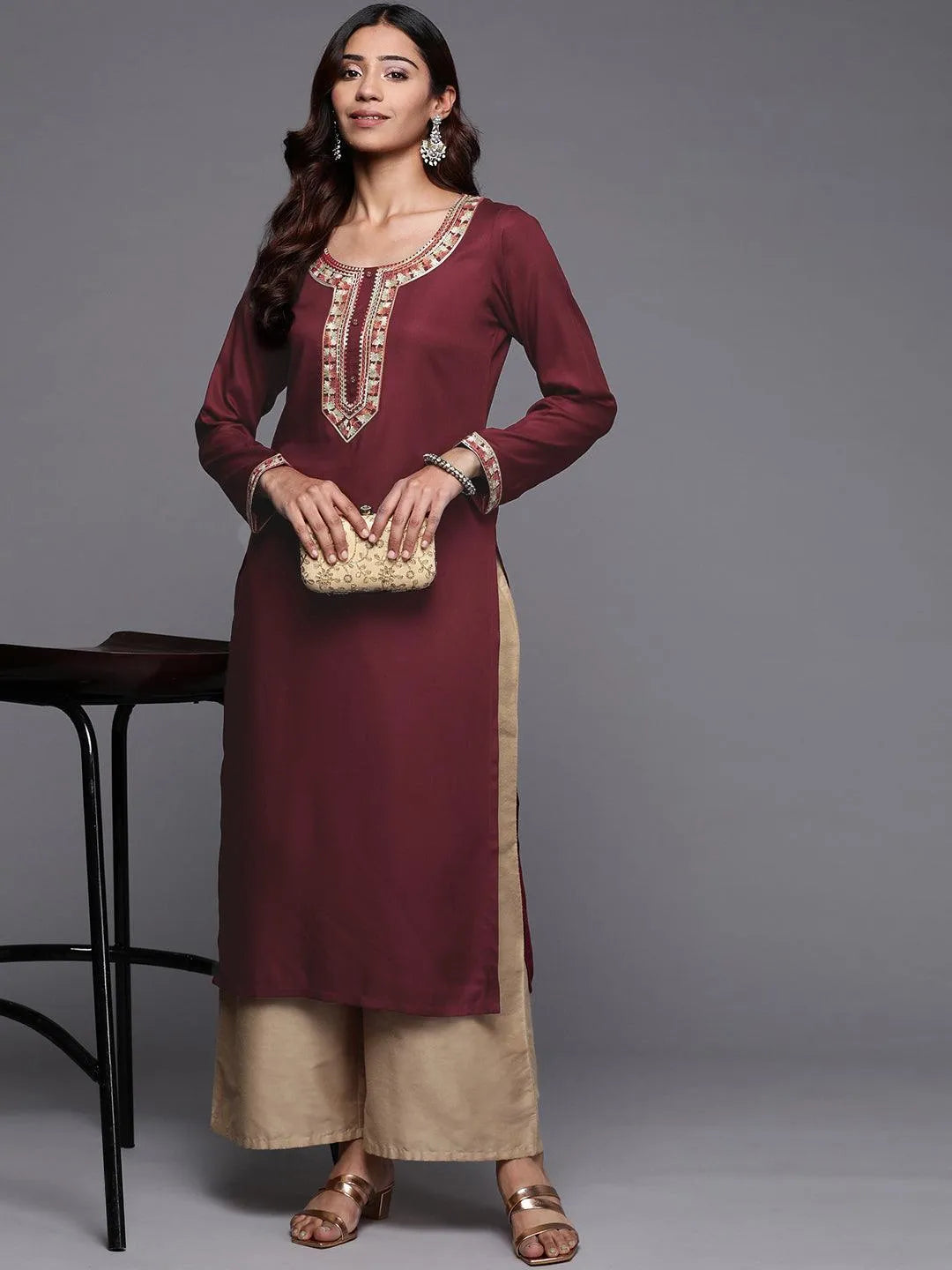 Maroon Embroidered Pashmina Wool Straight Kurta - Libas