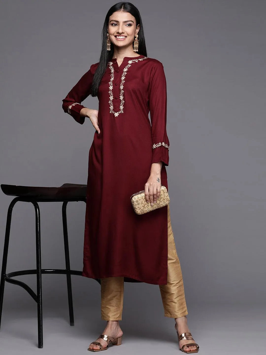 Maroon Embroidered Pashmina Wool Straight Kurta - Libas