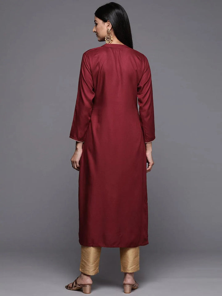 Maroon Embroidered Pashmina Wool Straight Kurta - Libas