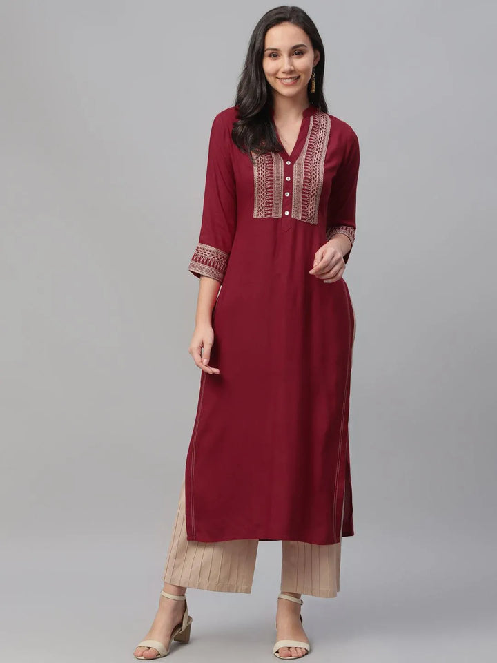 Maroon Embroidered Rayon Kurta - Libas