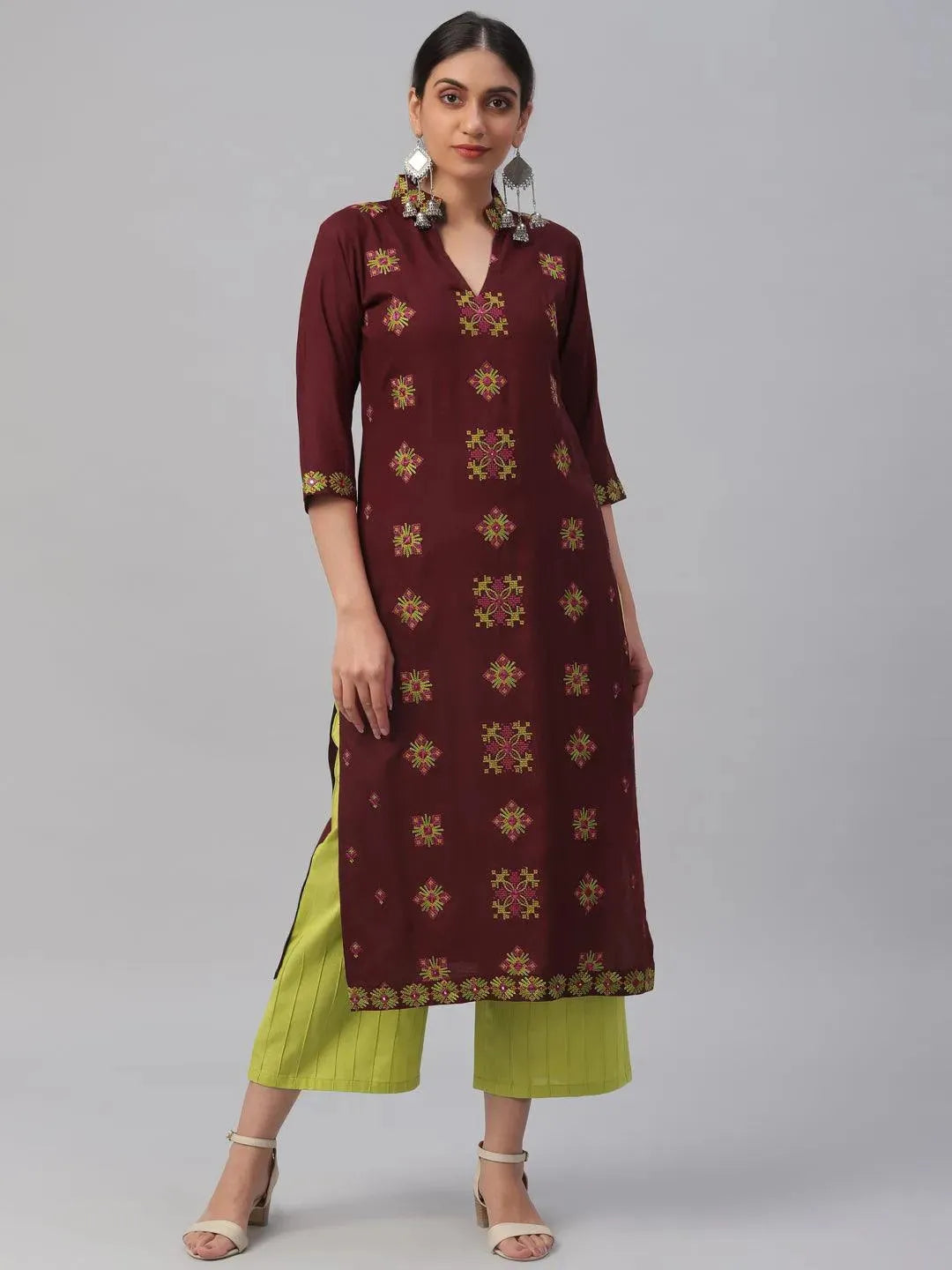 Maroon Embroidered Rayon Kurta - Libas 