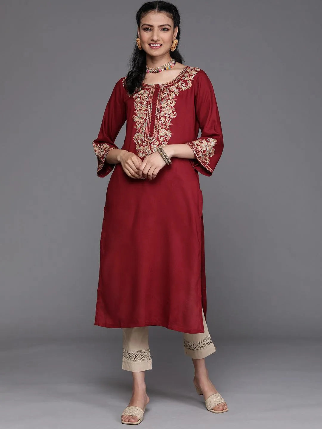 Maroon Embroidered Rayon Kurta - Libas