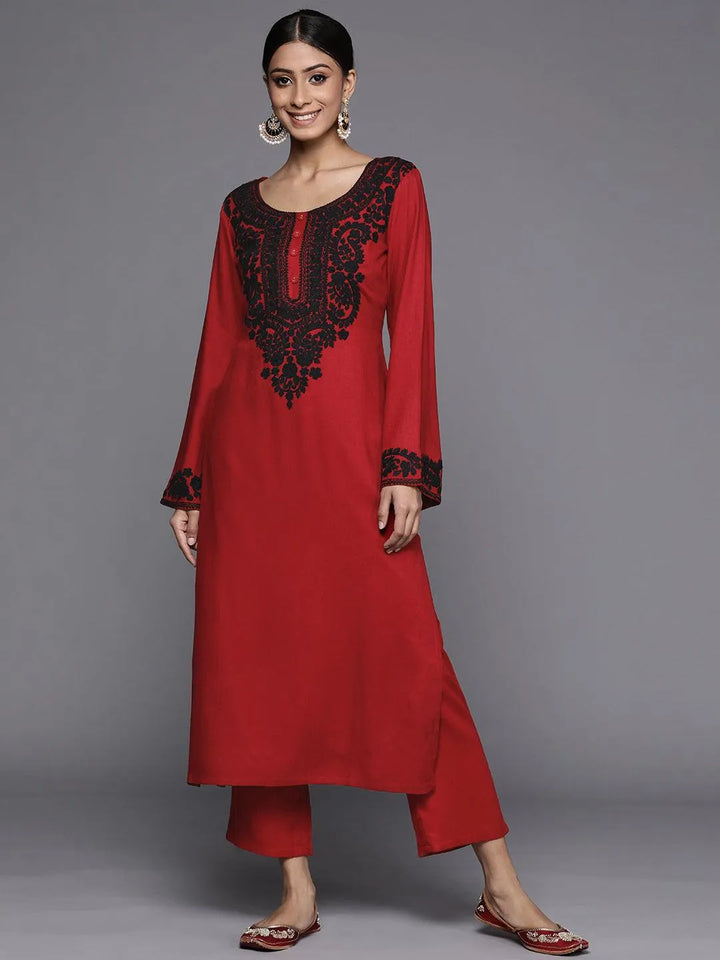 Maroon Embroidered Rayon Kurta - Libas