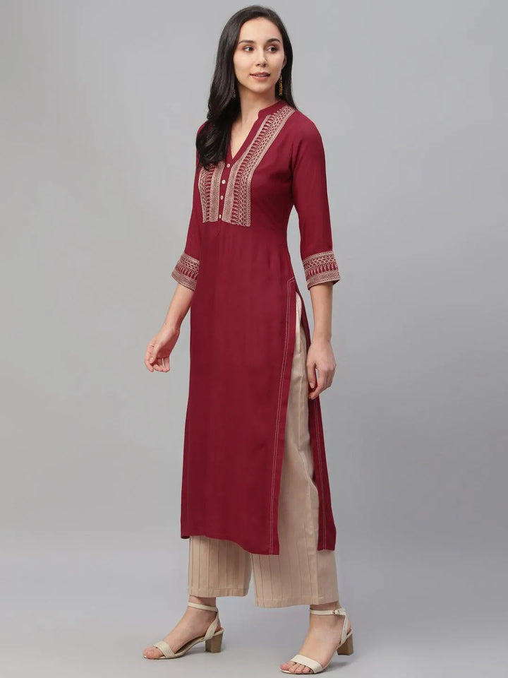 Maroon Embroidered Rayon Kurta - Libas