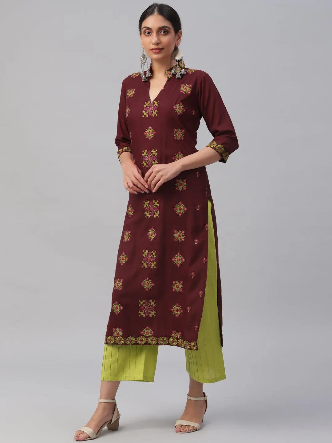 Maroon Embroidered Rayon Kurta - Libas 