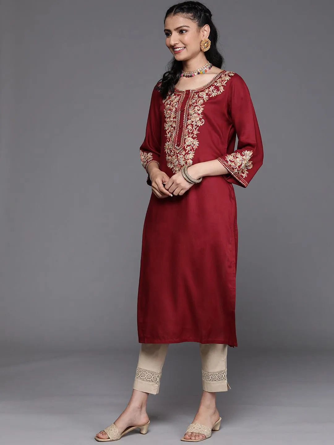 Maroon Embroidered Rayon Kurta - Libas 