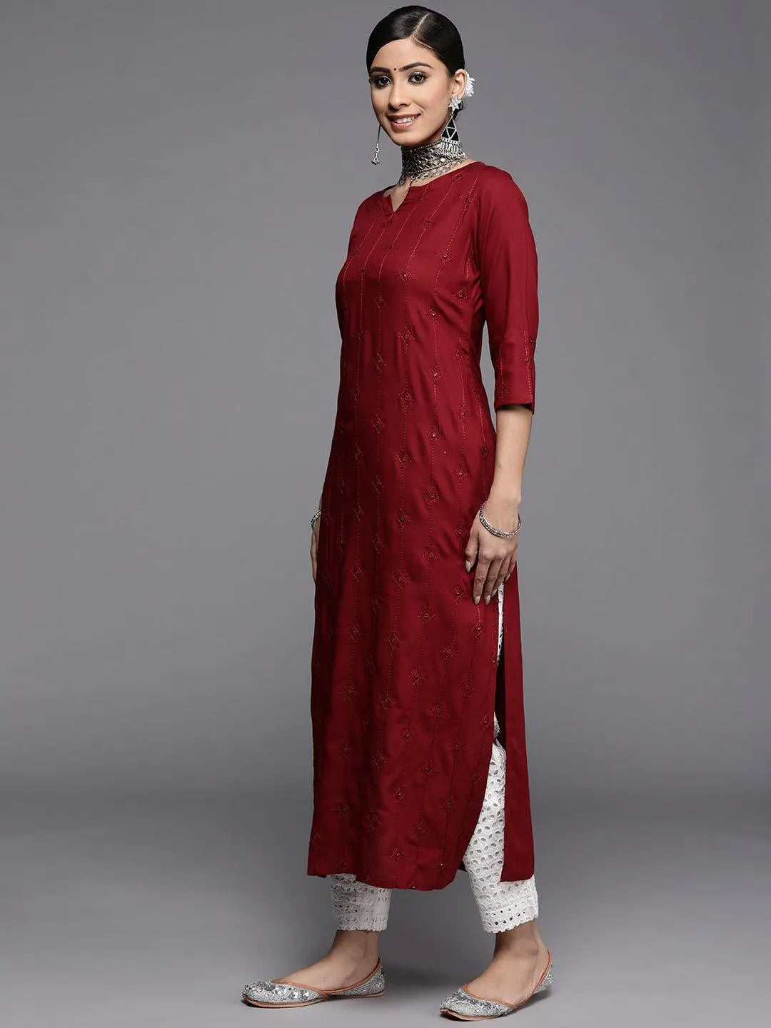 Maroon Embroidered Rayon Kurta - Libas