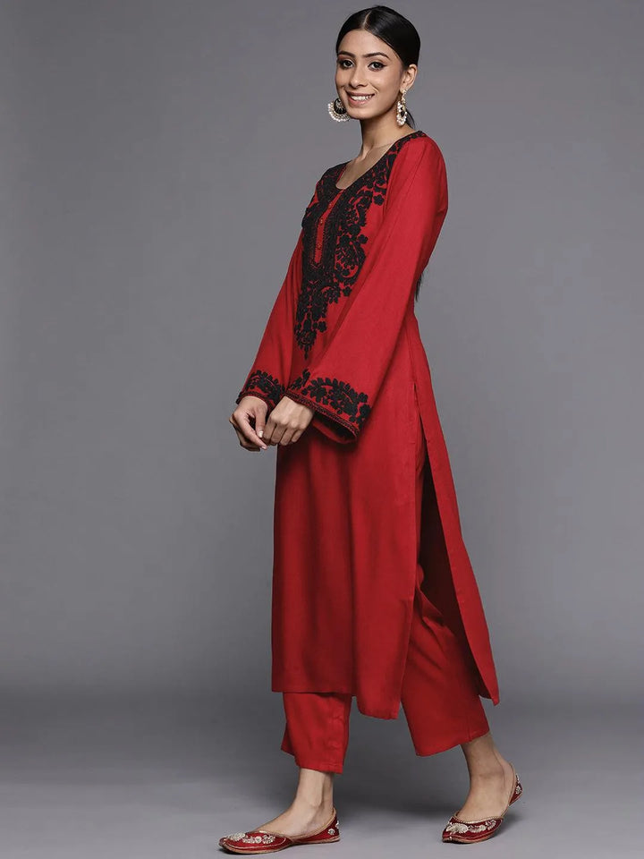 Maroon Embroidered Rayon Kurta - Libas