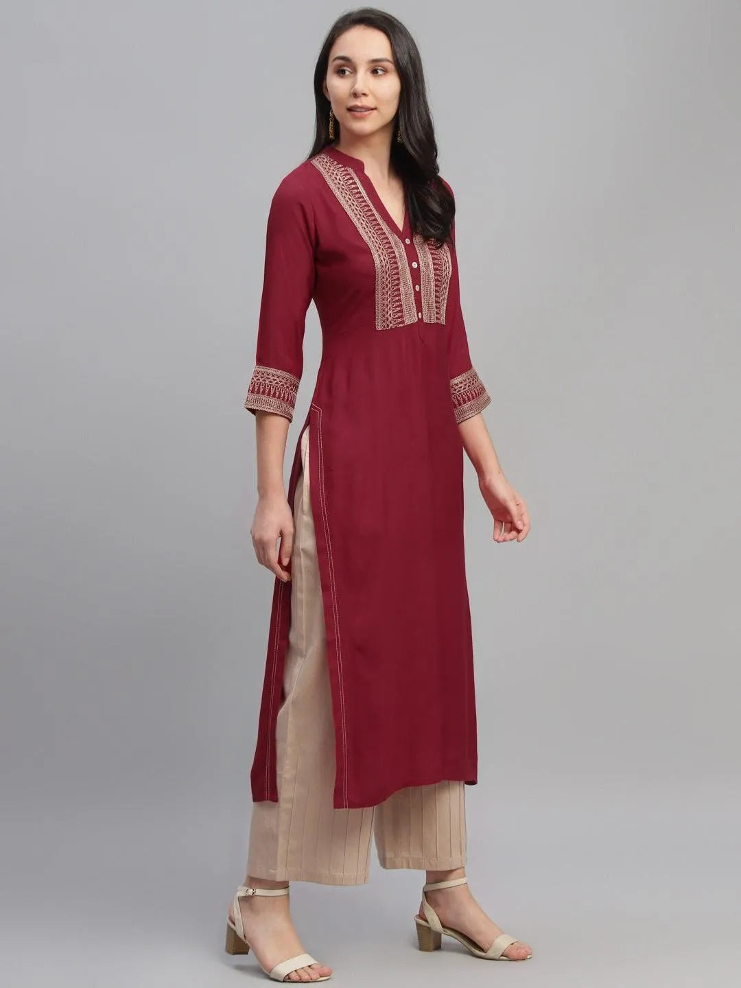 Maroon Embroidered Rayon Kurta - Libas