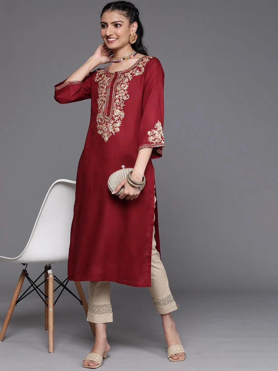 Maroon Embroidered Rayon Kurta - Libas 