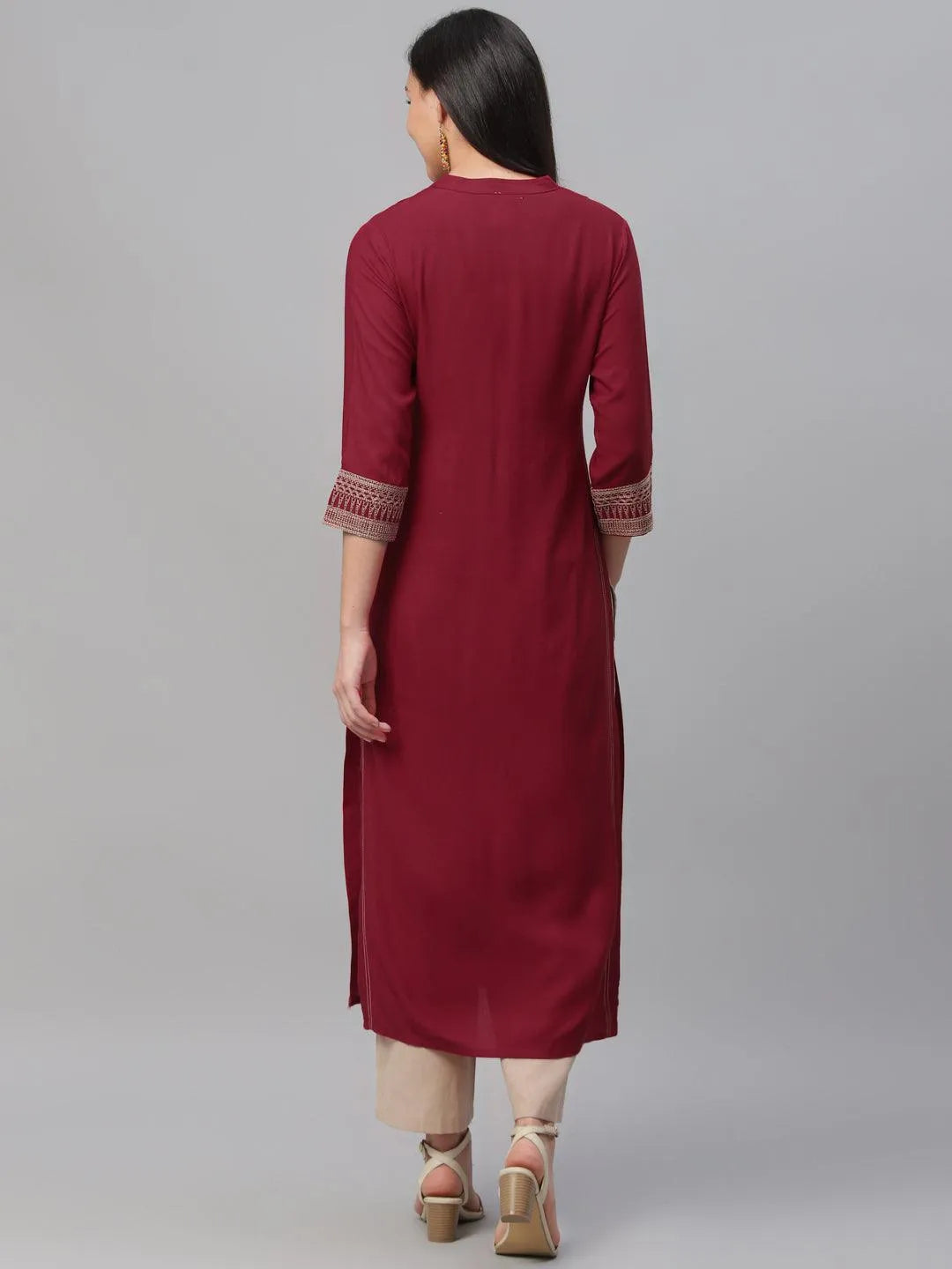 Maroon Embroidered Rayon Kurta - Libas