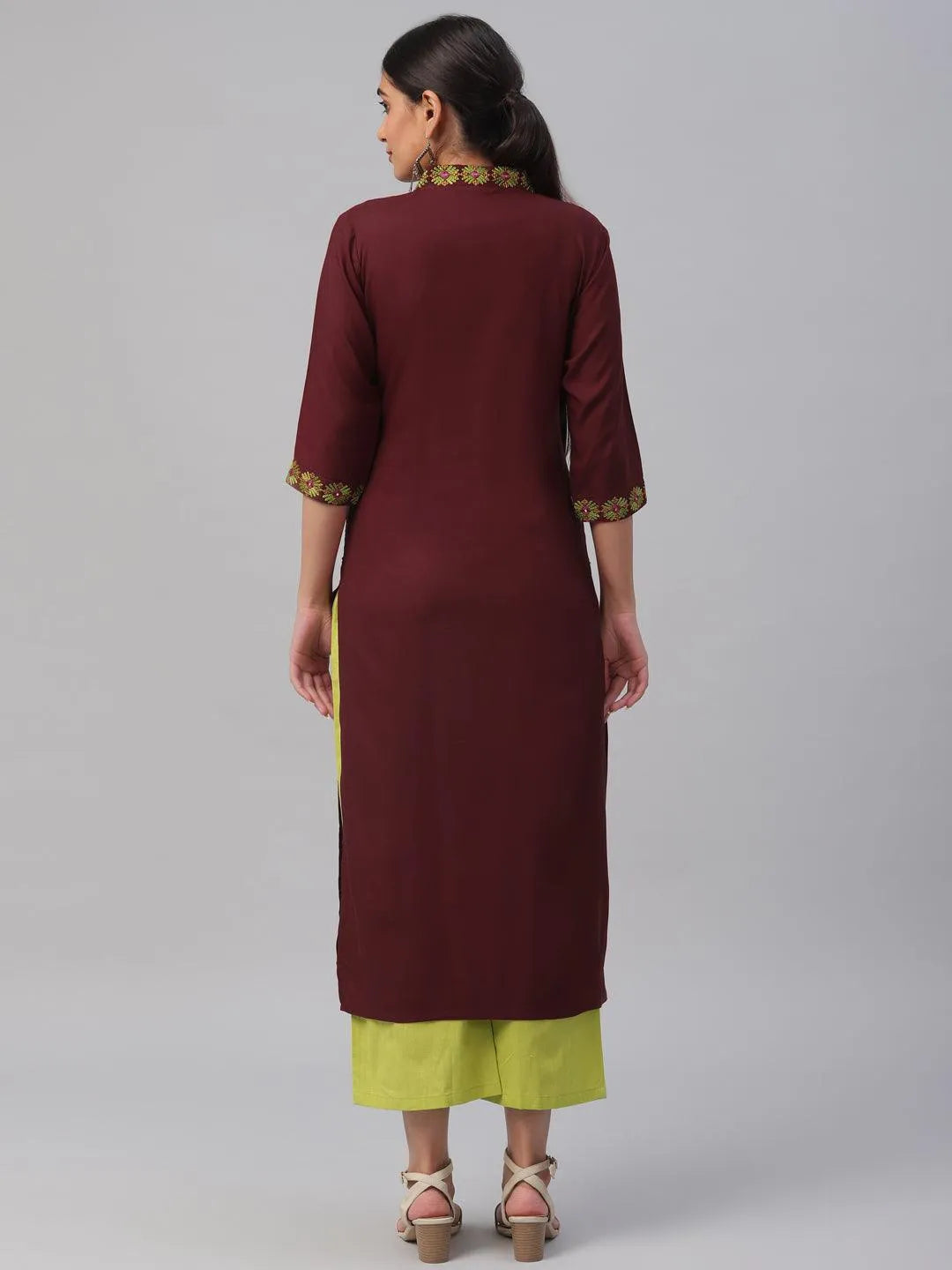 Maroon Embroidered Rayon Kurta - Libas 