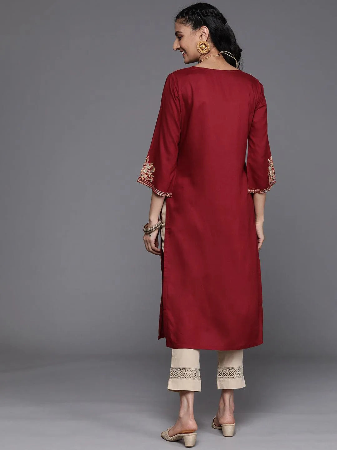 Maroon Embroidered Rayon Kurta - Libas 