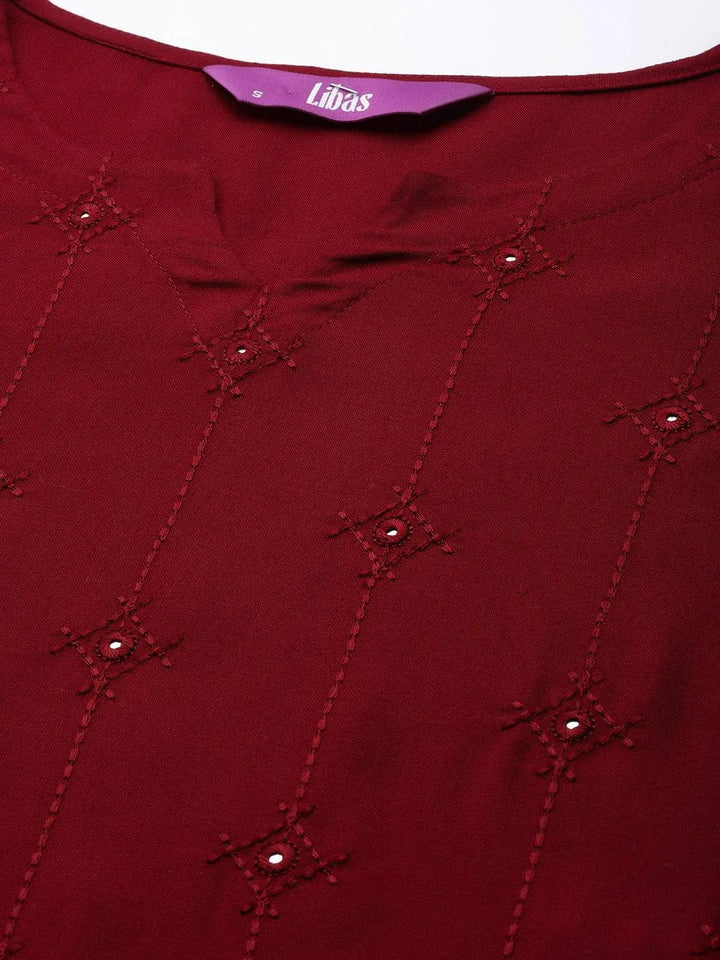 Maroon Embroidered Rayon Kurta - Libas