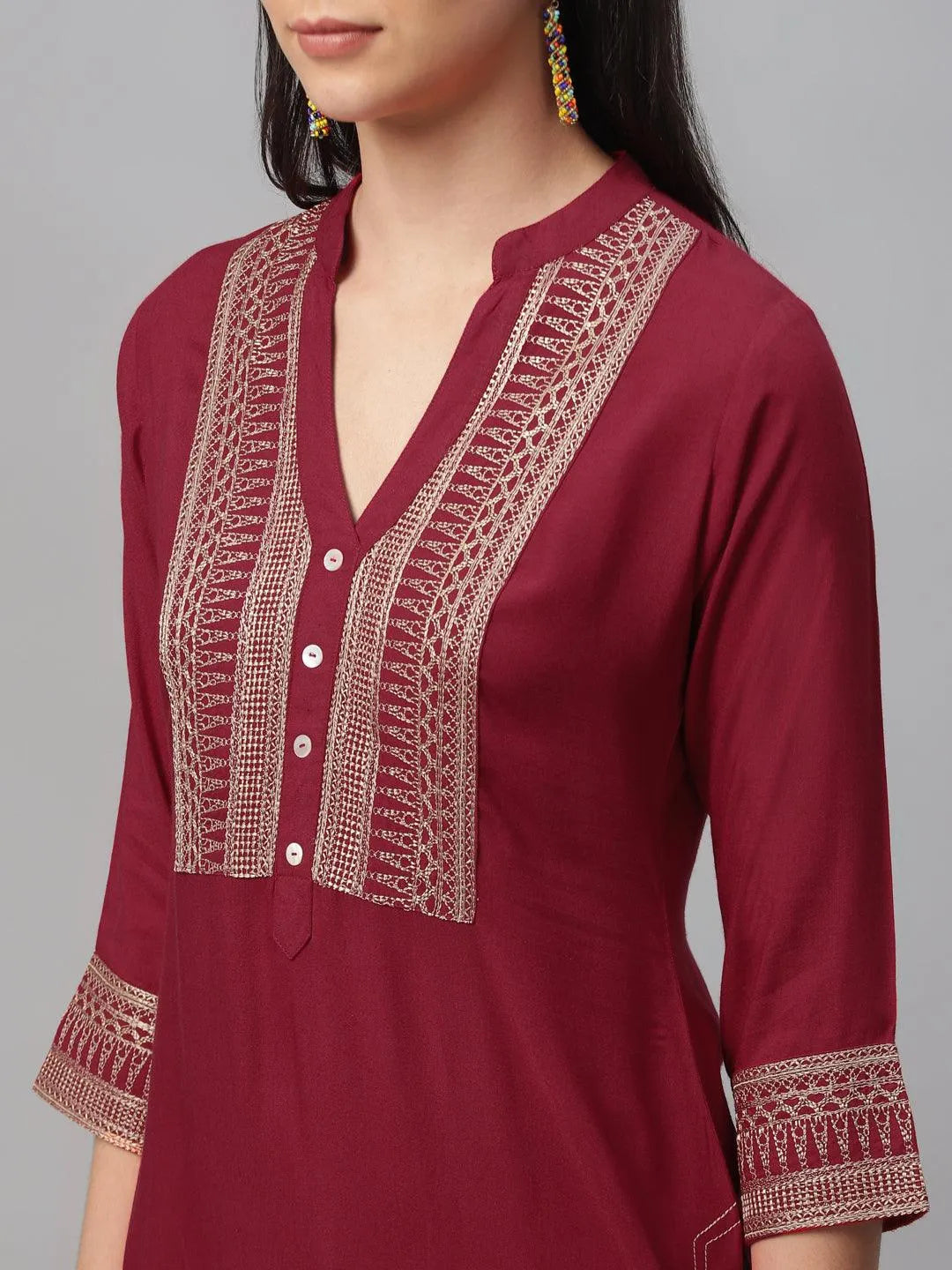 Maroon Embroidered Rayon Kurta - Libas