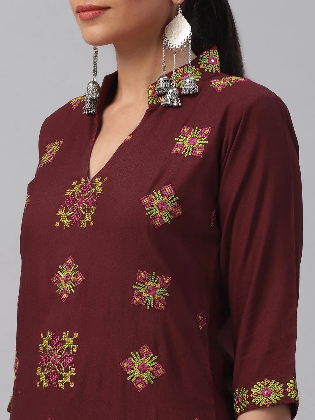 Maroon Embroidered Rayon Kurta - Libas