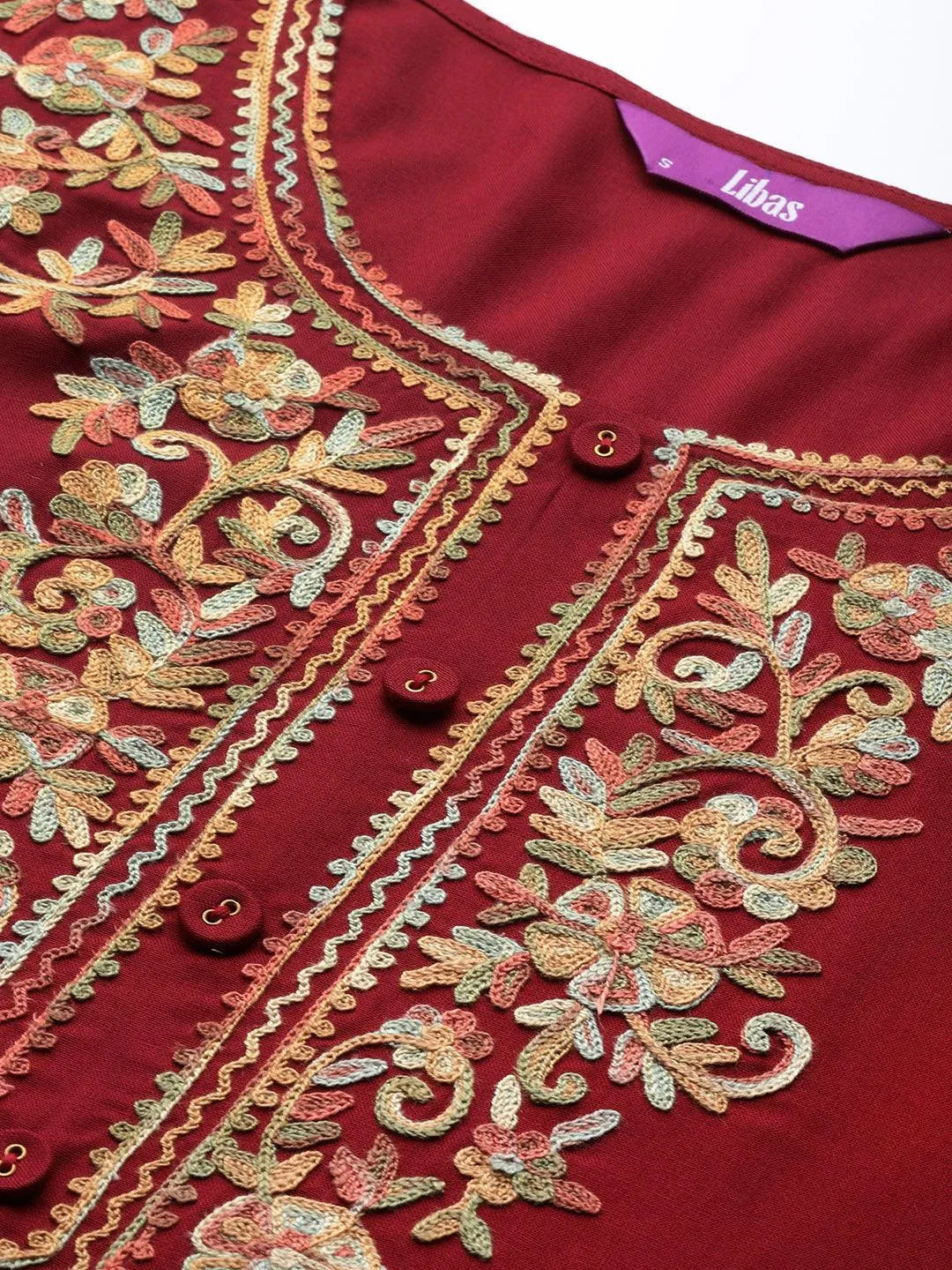 Maroon Embroidered Rayon Kurta - Libas 