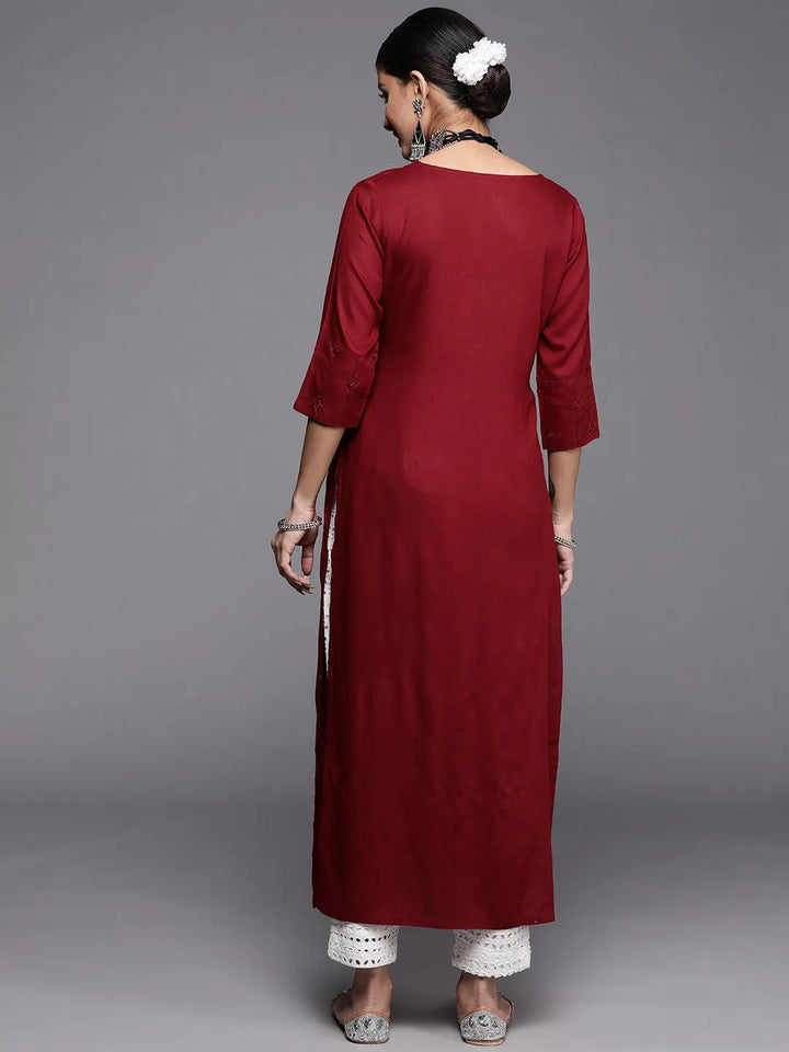 Maroon Embroidered Rayon Kurta - Libas