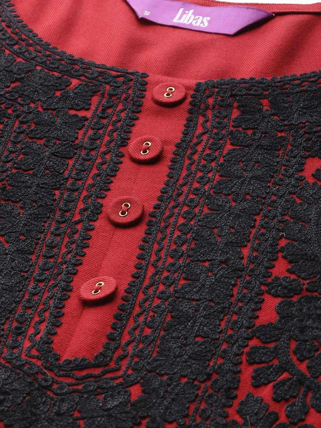 Maroon Embroidered Rayon Kurta - Libas