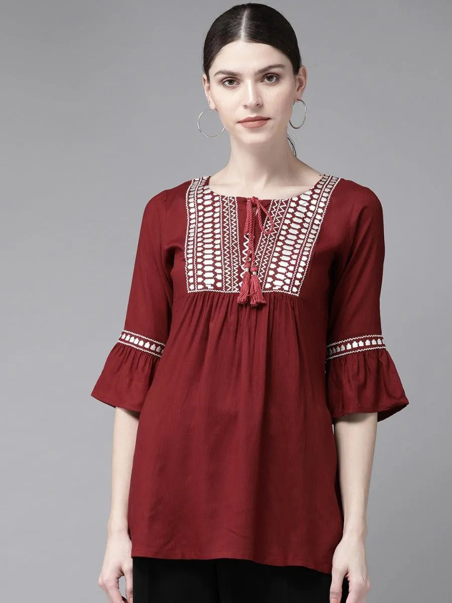 Maroon Embroidered Rayon Kurti - Libas