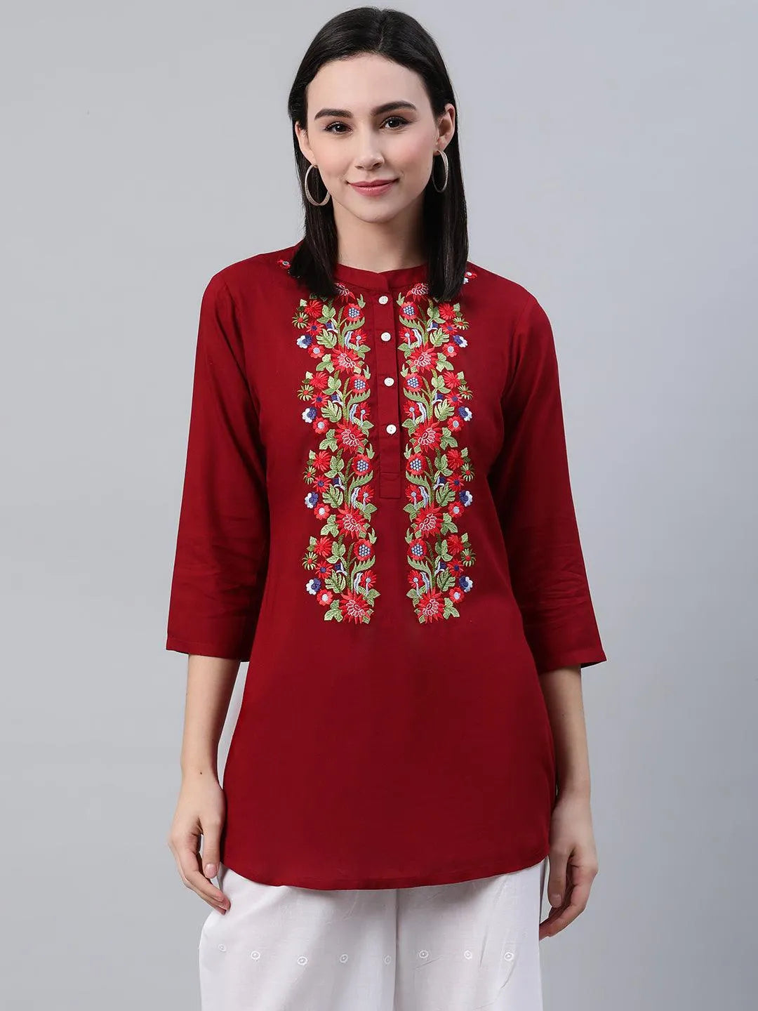 Maroon Embroidered Rayon Kurti - Libas