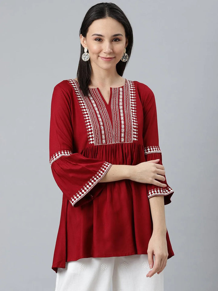 Maroon Embroidered Rayon Kurti - Libas