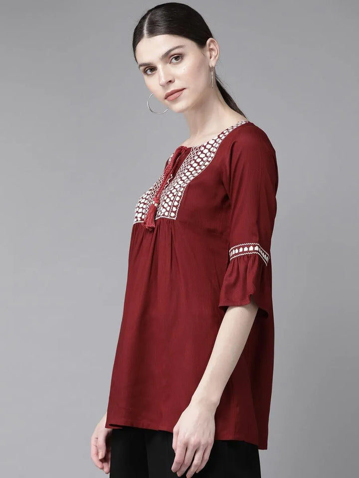 Maroon Embroidered Rayon Kurti - Libas