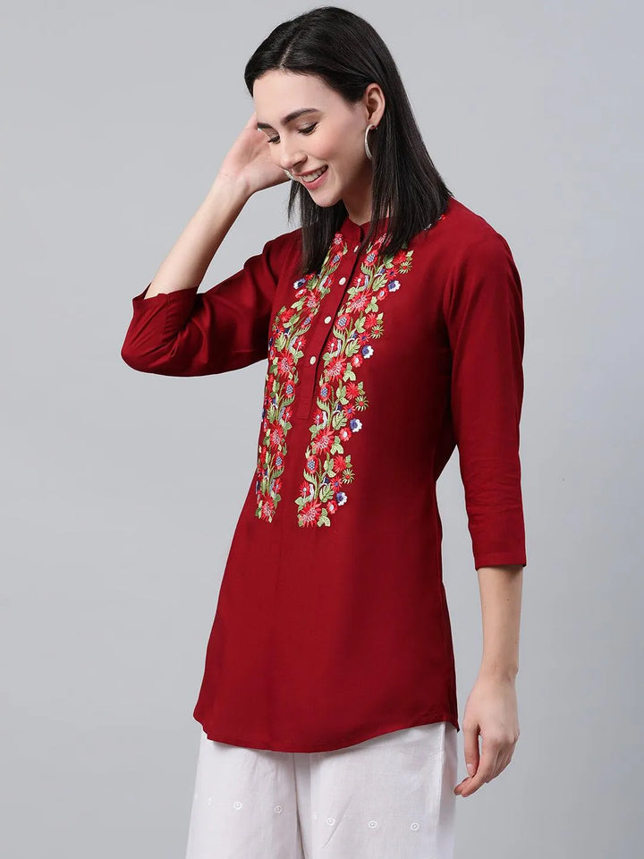 Maroon Embroidered Rayon Kurti - Libas