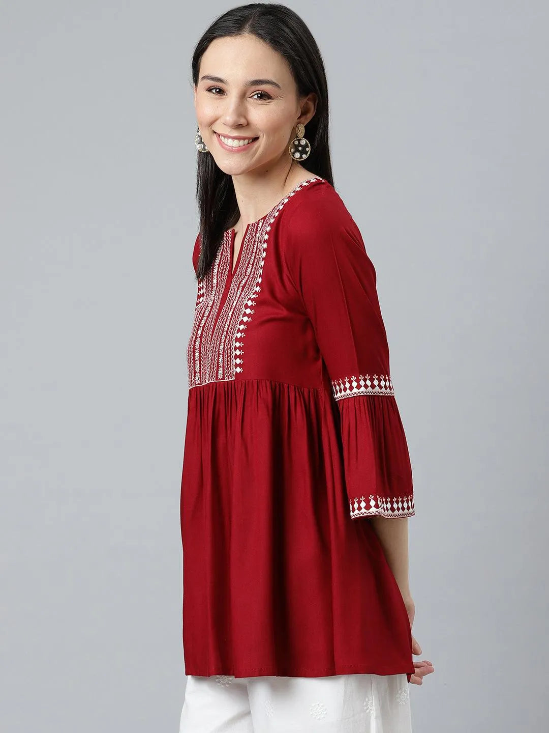 Maroon Embroidered Rayon Kurti - Libas