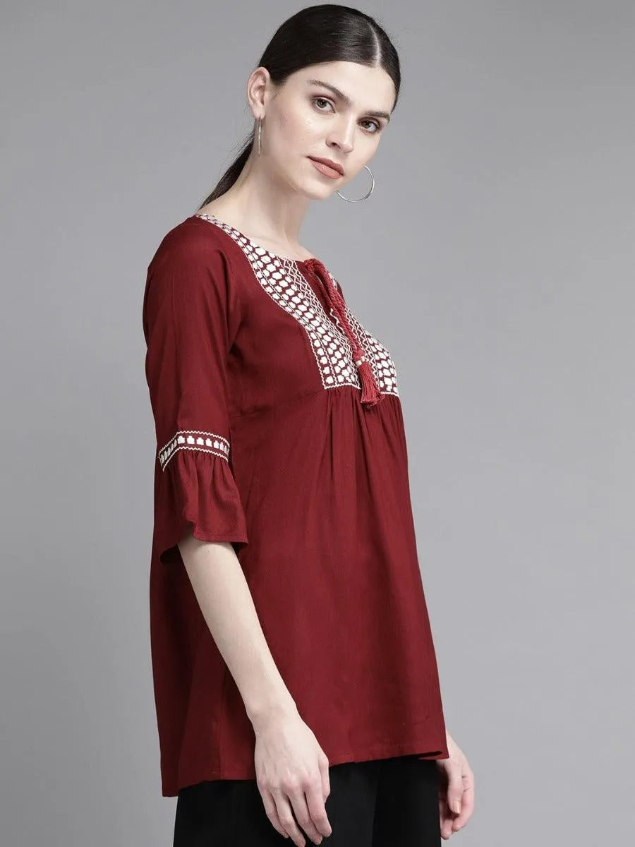 Maroon Embroidered Rayon Kurti - Libas