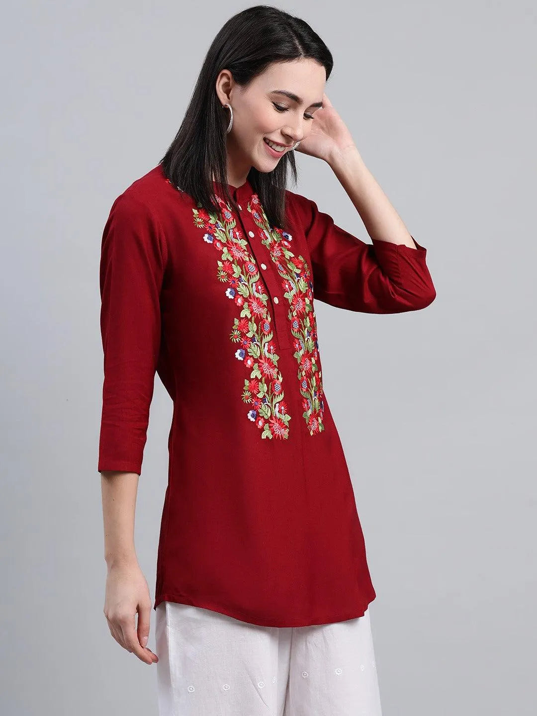 Maroon Embroidered Rayon Kurti - Libas