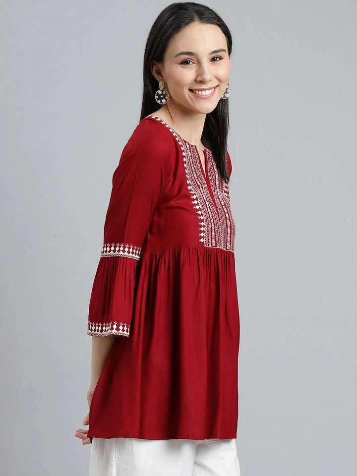 Maroon Embroidered Rayon Kurti - Libas