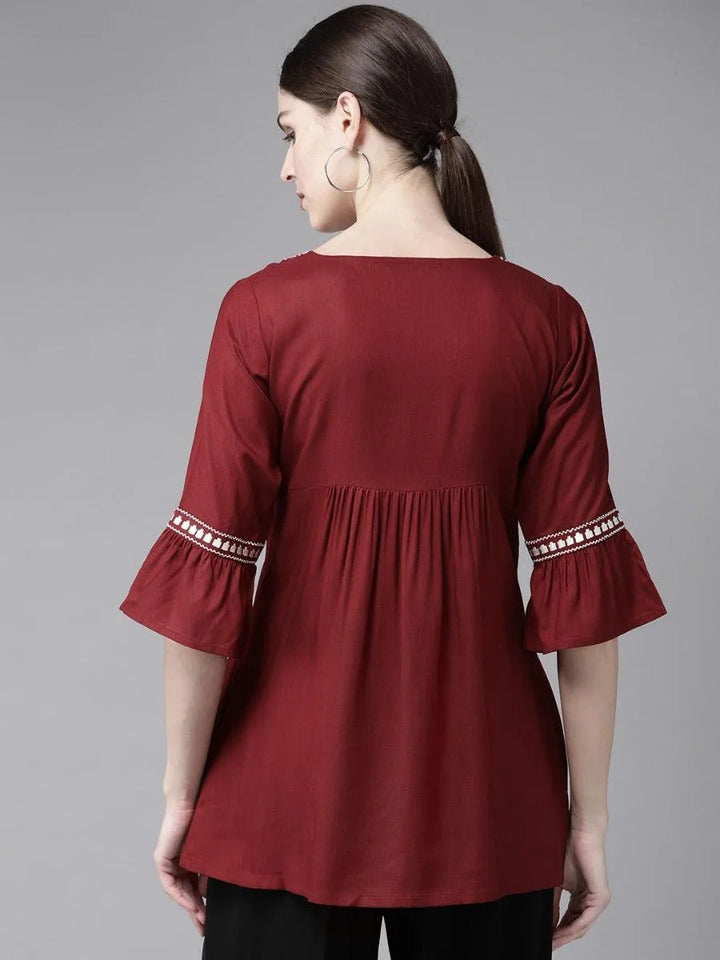 Maroon Embroidered Rayon Kurti - Libas