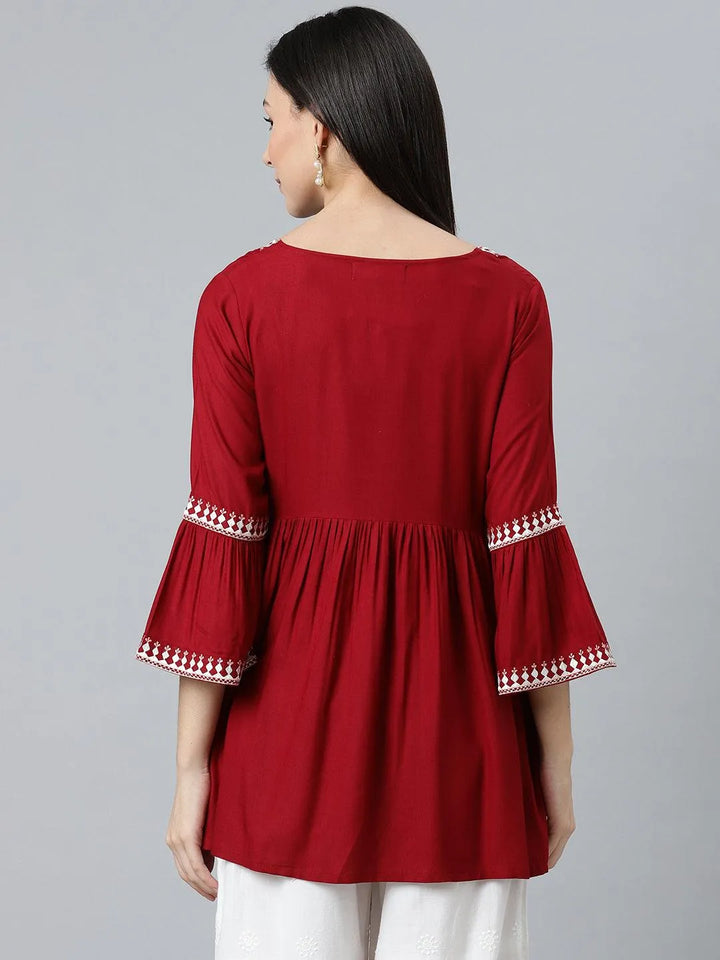 Maroon Embroidered Rayon Kurti - Libas