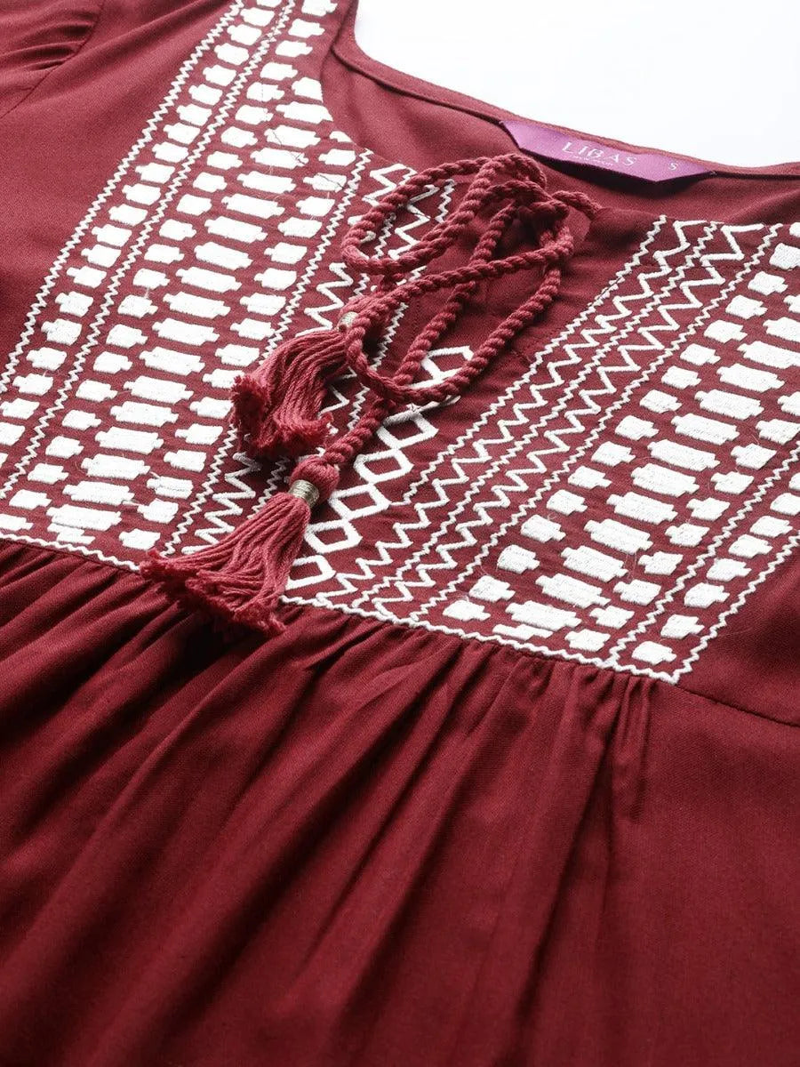 Maroon Embroidered Rayon Kurti - Libas