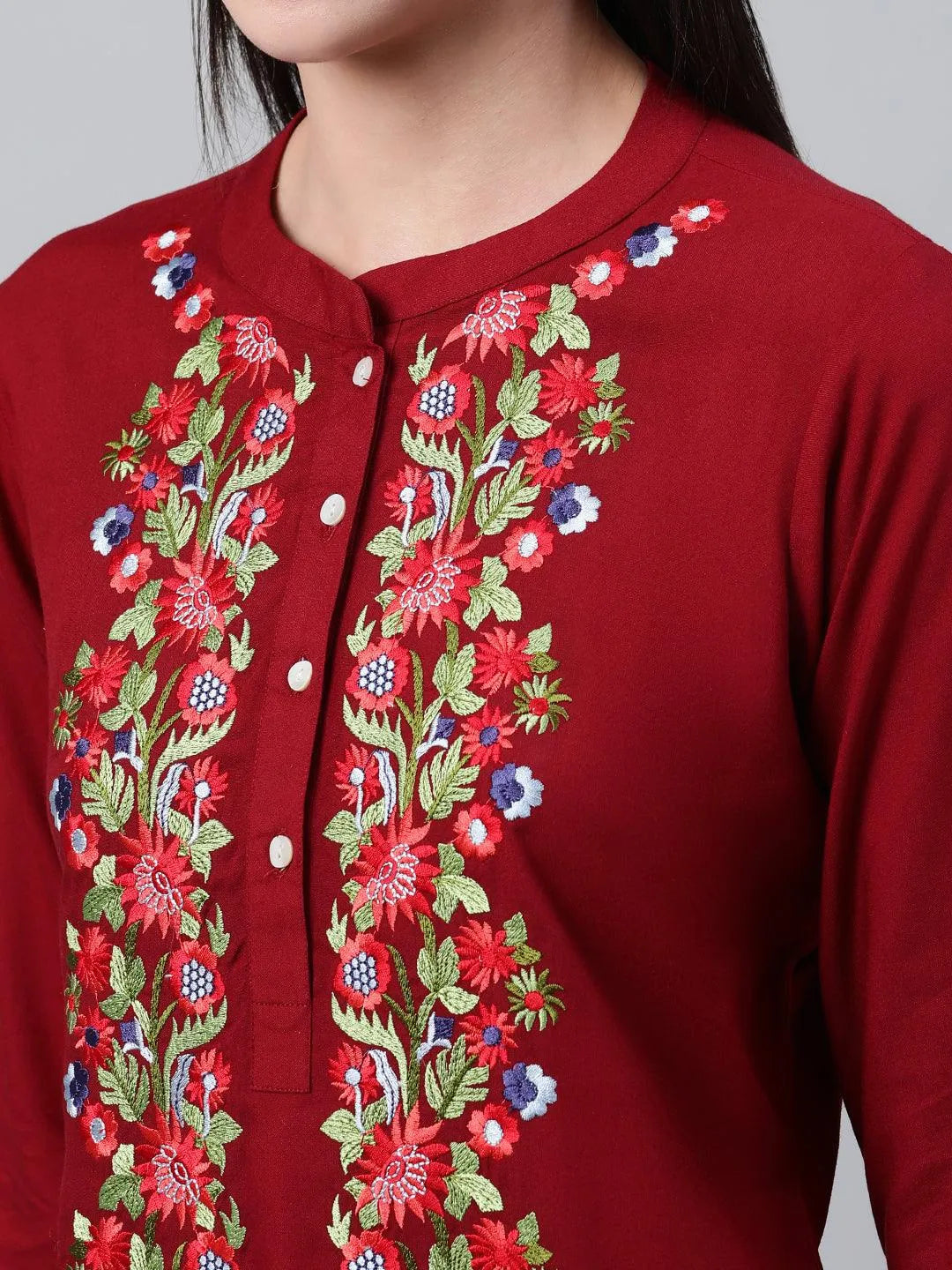 Maroon Embroidered Rayon Kurti - Libas