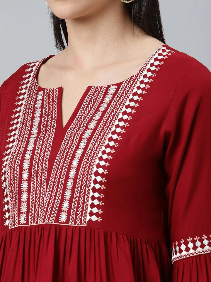 Maroon Embroidered Rayon Kurti - Libas