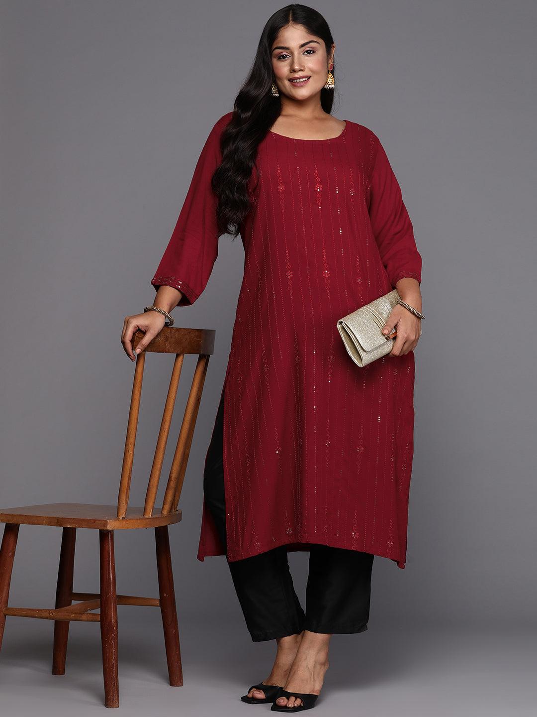 Maroon Embroidered Rayon Straight Kurta - Libas