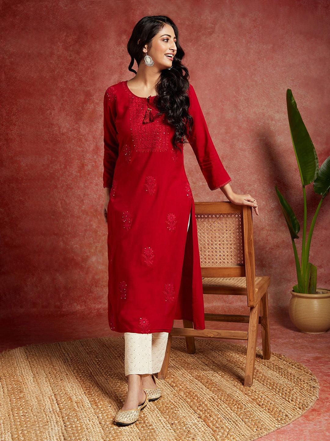 Maroon Embroidered Rayon Straight Kurta - Libas