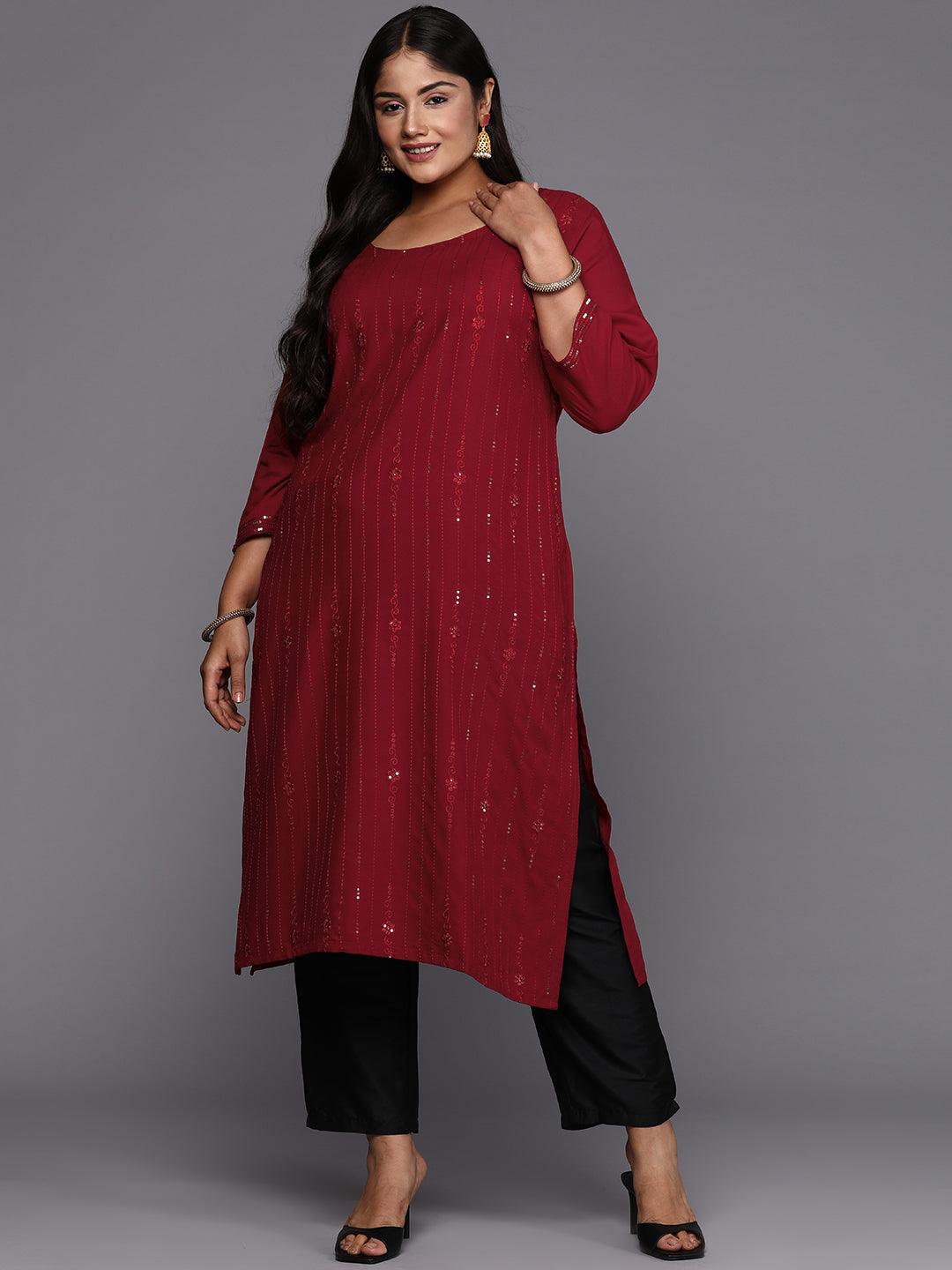 Maroon Embroidered Rayon Straight Kurta - Libas