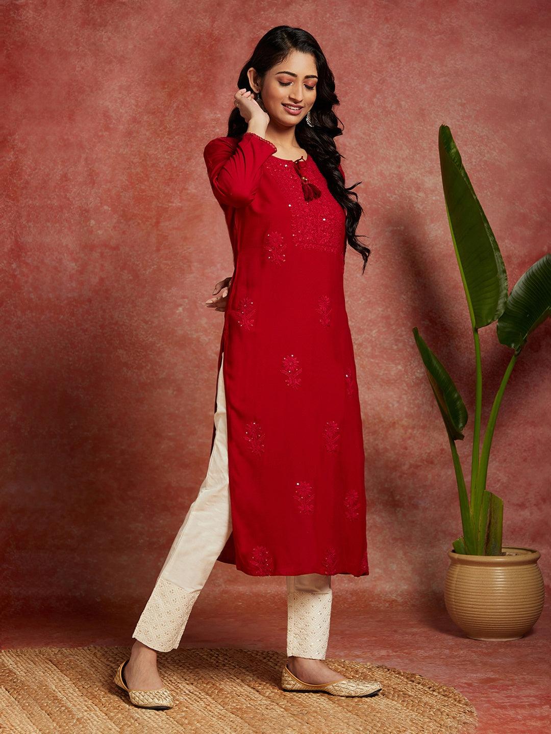 Maroon Embroidered Rayon Straight Kurta - Libas