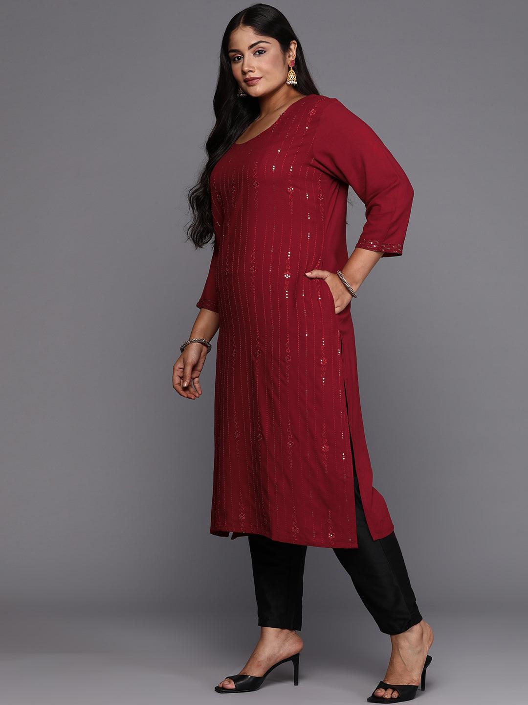 Maroon Embroidered Rayon Straight Kurta - Libas